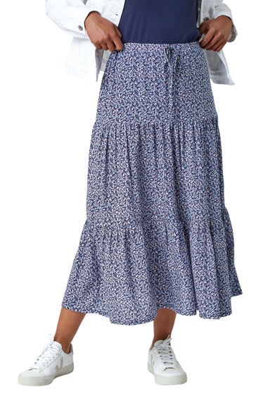 Roman Navy Petite Ditsy Print Tiered A Line Midi Skirt