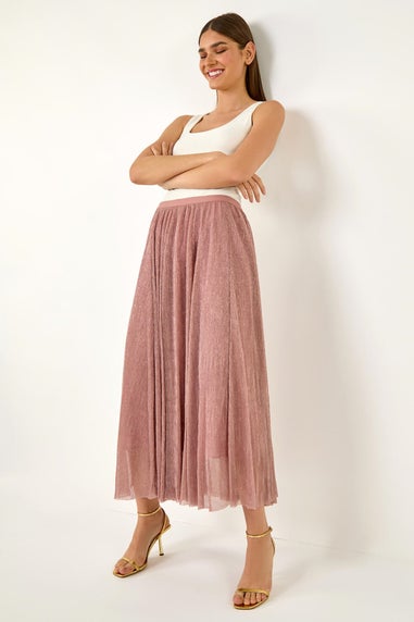 Roman Pink A-Line Shimmer Stretch Midi Skirt