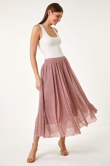 Roman Pink A-Line Shimmer Stretch Midi Skirt