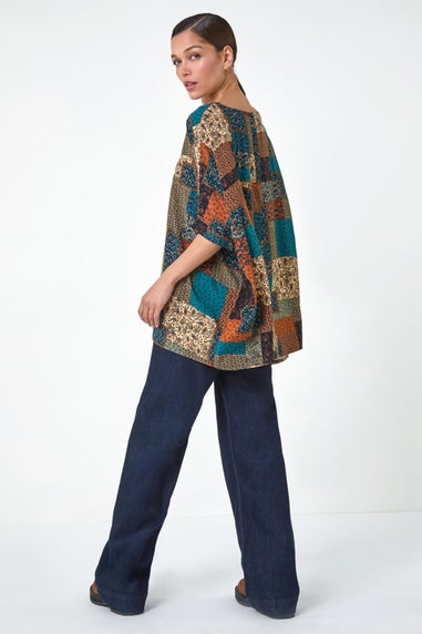 Roman Dark Green Paisley Patchwork Print Woven Top