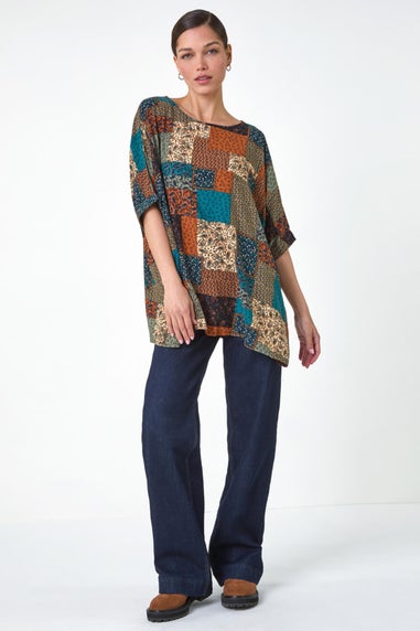 Roman Dark Green Paisley Patchwork Print Woven Top