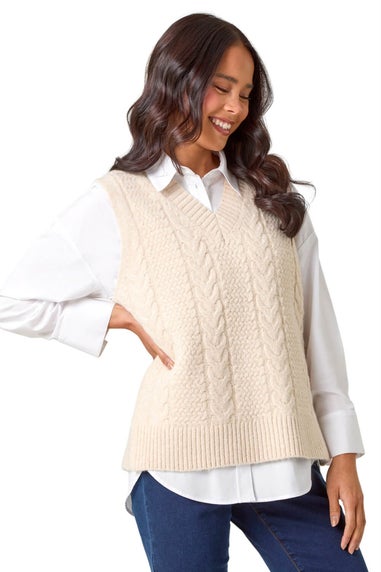 Roman Cream Petite V-Neck Cable Knit Sleeveless Vest