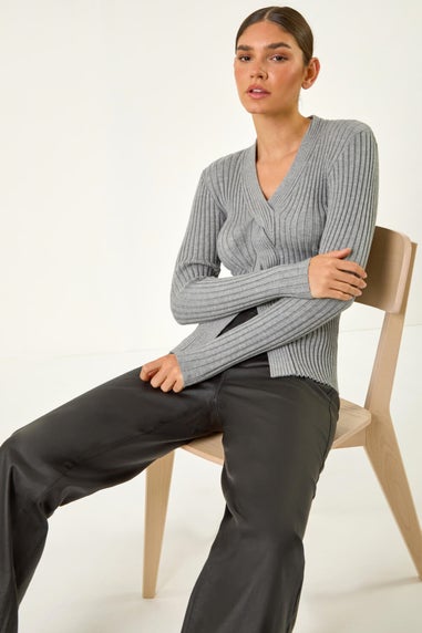 Roman Grey Cable Split Detail Rib Jumper