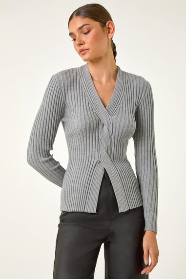 Roman Grey Cable Split Detail Rib Jumper