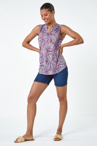 Roman Purple Swirl Print Button Sleeveless Top