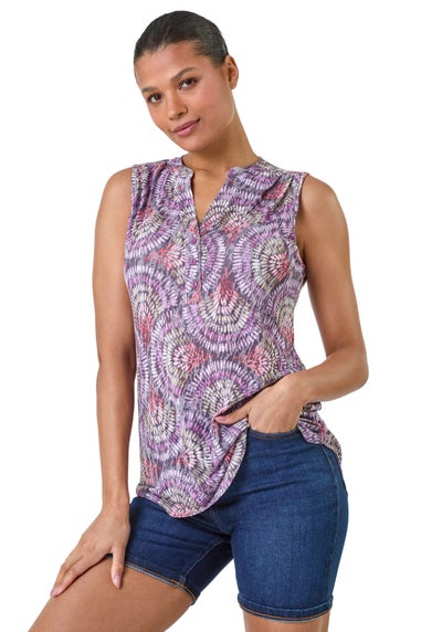 Roman Purple Swirl Print Button Sleeveless Top