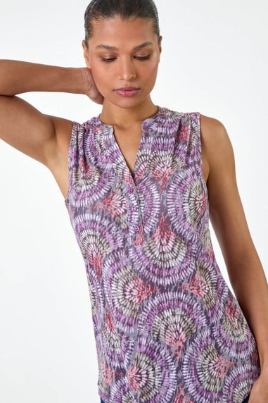 Roman Purple Swirl Print Button Sleeveless Top