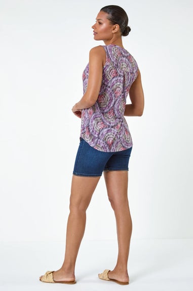 Roman Purple Swirl Print Button Sleeveless Top