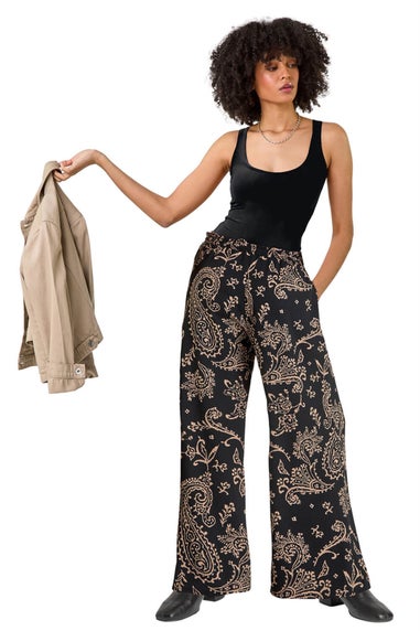 Roman Black Paisley Print Textured Jersey Trousers