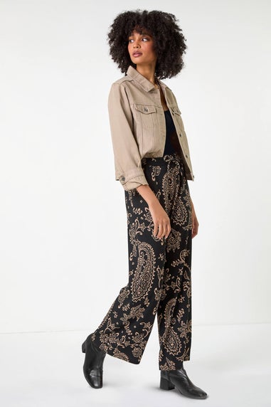 Roman Black Paisley Print Textured Jersey Trousers