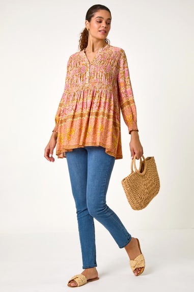 Roman Peach Boho Floral Print Shirred Tunic Top
