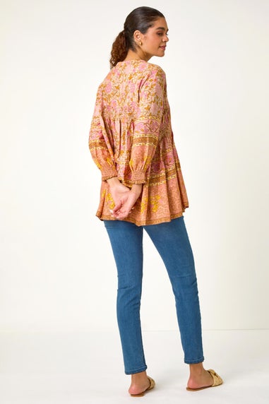 Roman Peach Boho Floral Print Shirred Tunic Top
