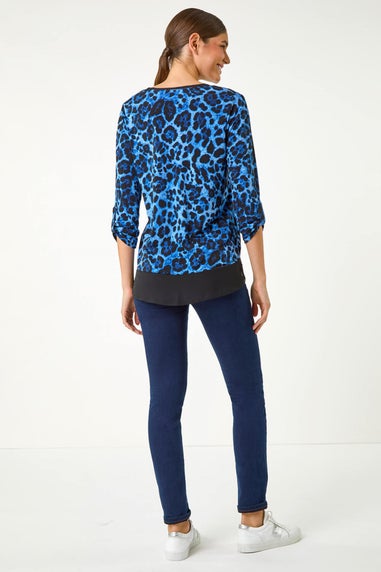 Roman Blue Animal Print Contrast Border Print Top