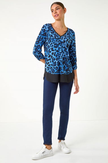 Roman Blue Animal Print Contrast Border Print Top