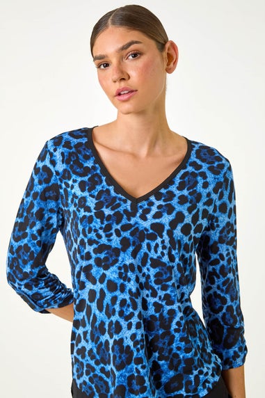 Roman Blue Animal Print Contrast Border Print Top