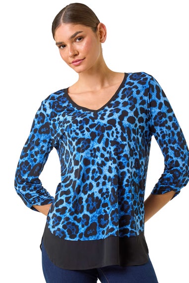 Roman Blue Animal Print Contrast Border Print Top