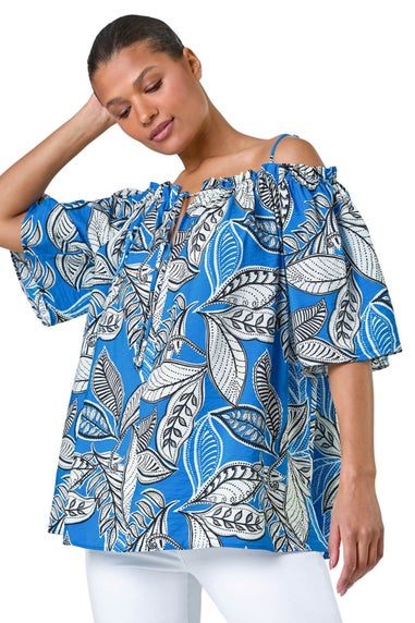 Roman Blue Leaf Print Cold Shoulder Bardot Top