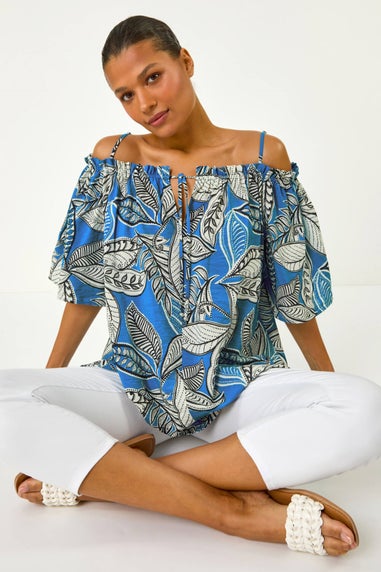 Roman Blue Leaf Print Cold Shoulder Bardot Top