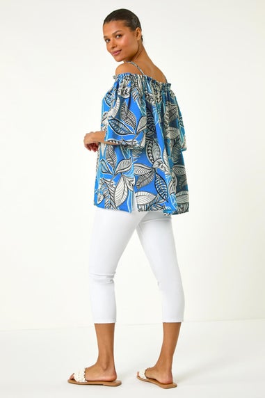 Roman Blue Leaf Print Cold Shoulder Bardot Top