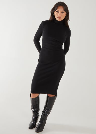 Pink Vanilla Black Ribbed Roll Neck Midi Dress