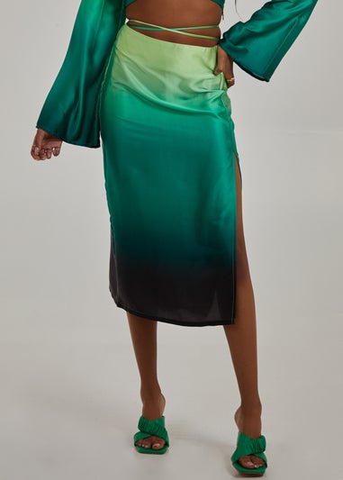Pink Vanilla Green Tie Waist Ombre Split Hem Midi Skirt