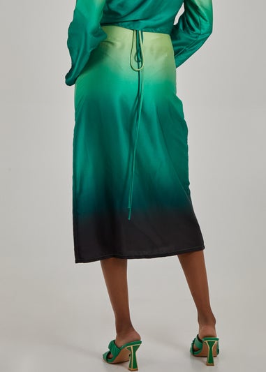 Pink Vanilla Green Tie Waist Ombre Split Hem Midi Skirt