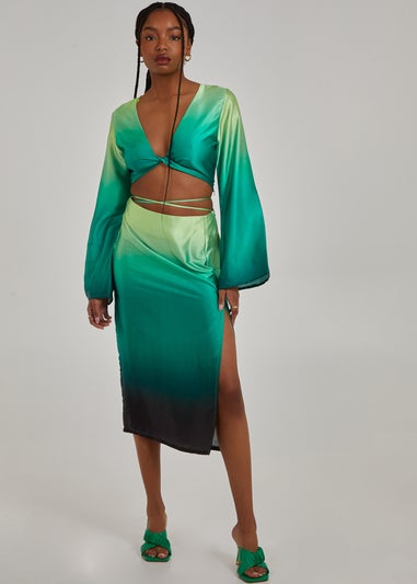 Pink Vanilla Green Tie Waist Ombre Split Hem Midi Skirt