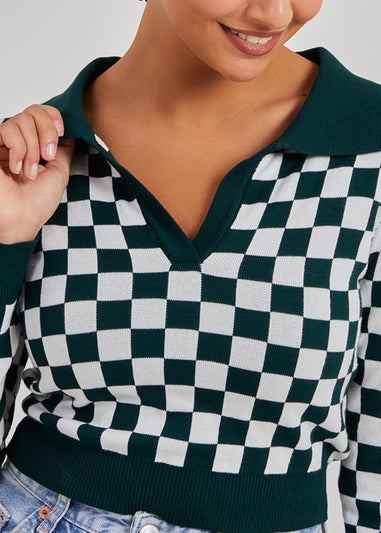 Pink Vanilla Green Notch Collar Checkered Top