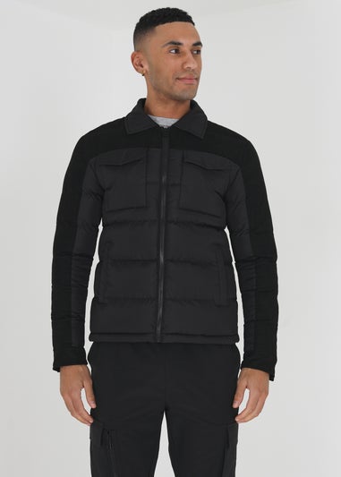 Brave Soul Black Padded Jacket With Faux Suede Sleeves