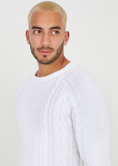 Brave Soul White Crew Neck Cable Knitted Jumper