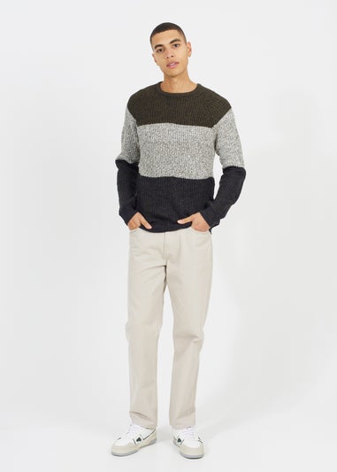 Brave Soul Khaki Crew Neck Colourblock Jumper