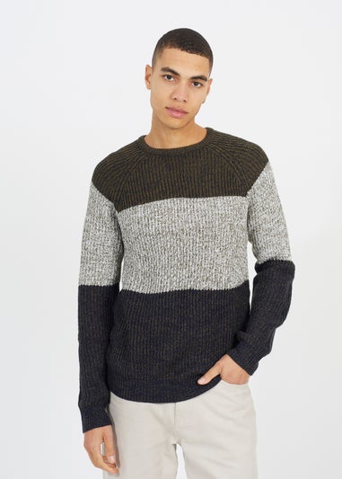 Brave Soul Khaki Crew Neck Colourblock Jumper