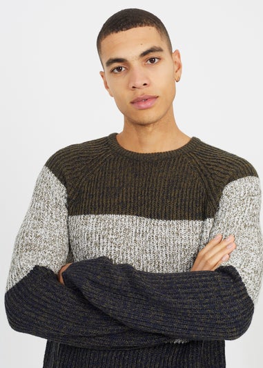 Brave Soul Khaki Crew Neck Colourblock Jumper