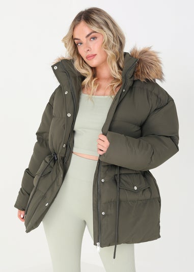 Brave Soul Khaki Mid Length Puffer Parka With Faux Fur Hood