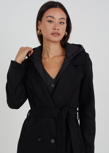 Brave Soul Black Faux Wool Maxi Hooded Trench Coat