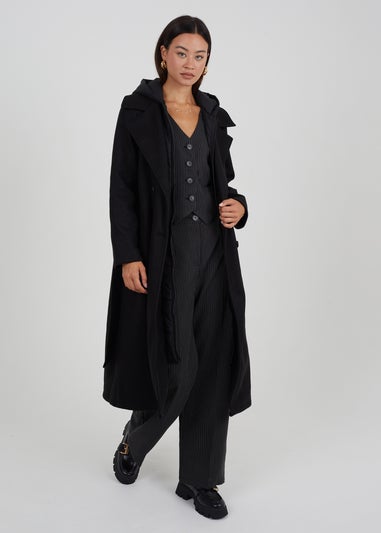 Brave Soul Black Faux Wool Maxi Hooded Trench Coat