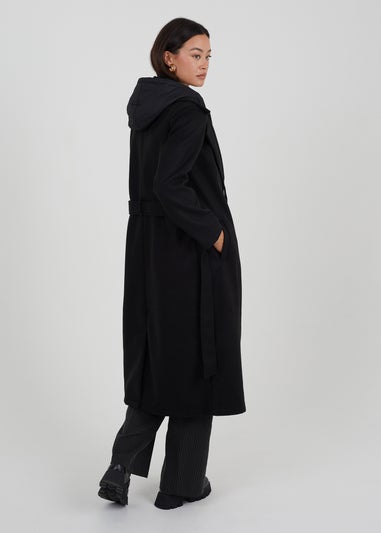 Brave Soul Black Faux Wool Maxi Hooded Trench Coat