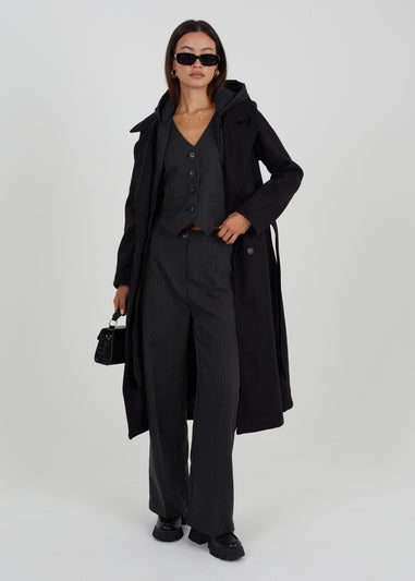 Brave Soul Black Faux Wool Maxi Hooded Trench Coat