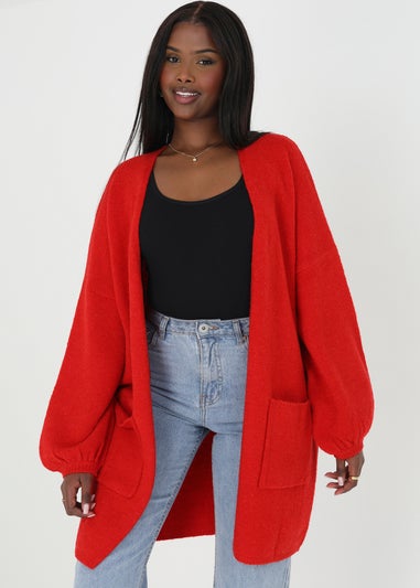 Brave Soul Red Oversized Cardigan With Balloon Sleeves