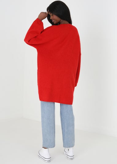 Brave Soul Red Oversized Cardigan With Balloon Sleeves