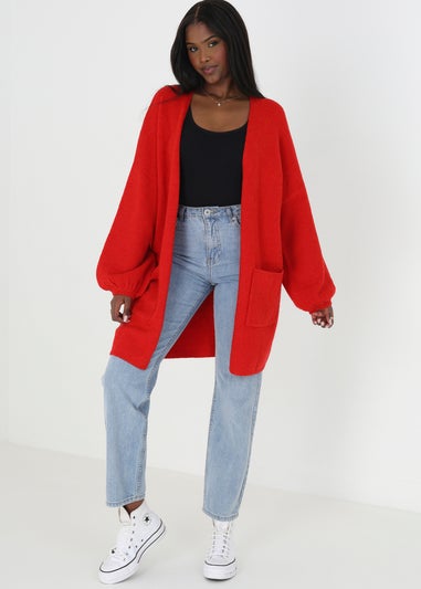 Brave Soul Red Oversized Cardigan With Balloon Sleeves