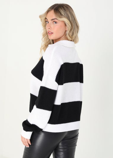 Brave Soul White Striped Knitted Jumper With Zip Neck