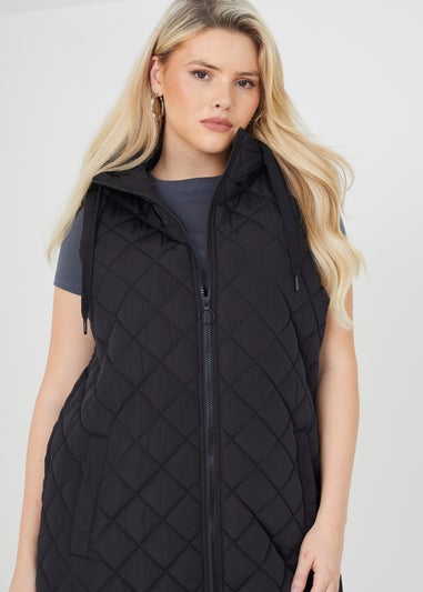 Brave Soul Black Diamond Quilted Longline Hooded Gilet