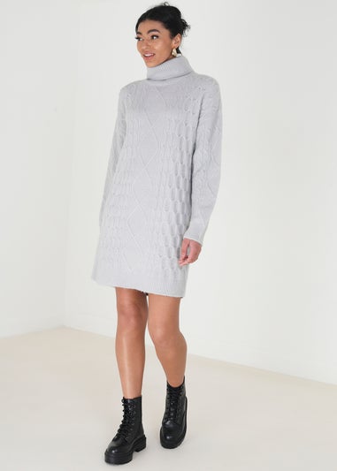 Brave Soul Grey Roll Neck Cable Knit Jumper Dress