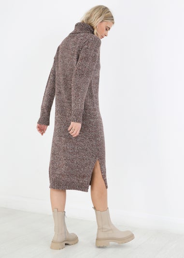 Brave Soul Brown Twisted Knit Roll Neck Midi Jumper Dress