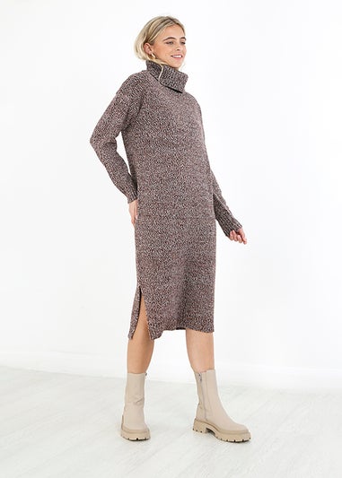 Brave Soul Brown Twisted Knit Roll Neck Midi Jumper Dress