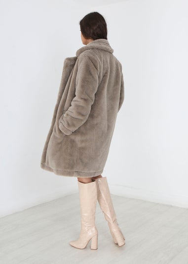 Brave Soul Taupe Double Breasted Faux Fur Coat