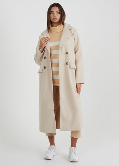 Brave Soul Cream Double Breasted Faux Wool Longline Coat