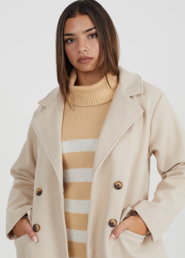 Brave Soul Cream Double Breasted Faux Wool Longline Coat