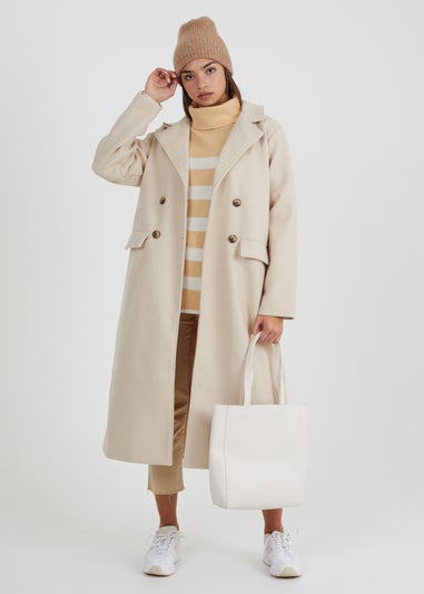 Brave Soul Cream Double Breasted Faux Wool Longline Coat